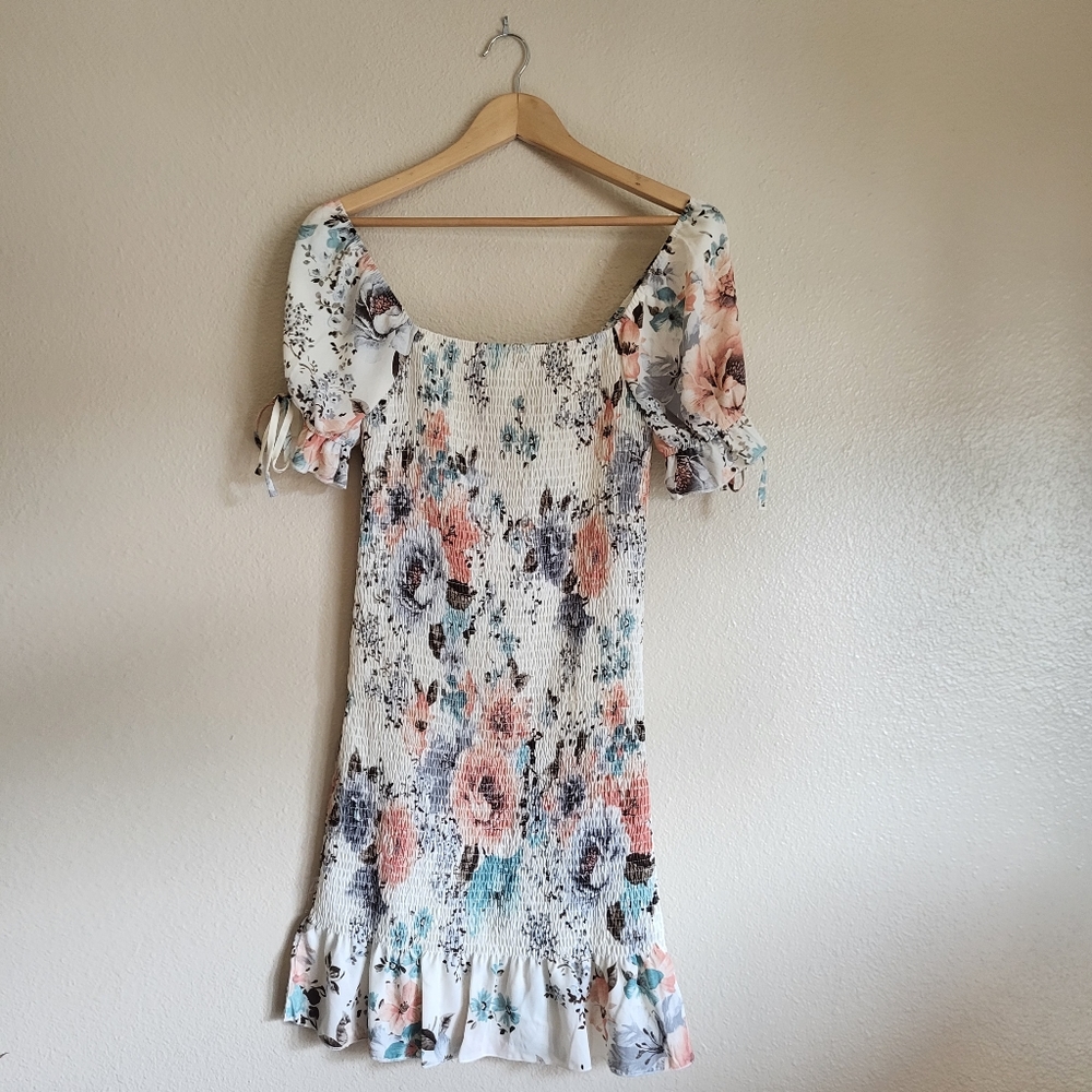 Floral Print Ruffled Dress with Square Neck and Puff Sleeves
